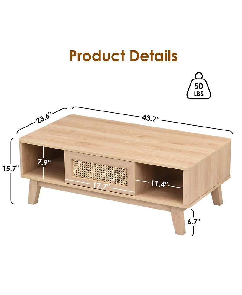 flynama Mid-Century Square Coffee Table with Rattan Drawer and Solid Wood Legs