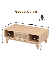 flynama Mid-Century Square Coffee Table with Rattan Drawer and Solid Wood Legs