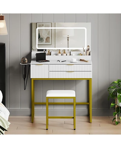 gaomon Modern Led Vanity Desk with 3-Color Lighted Mirror and Power Outlet, Makeup Table with 3 Storage Drawers for Primary Bedroom