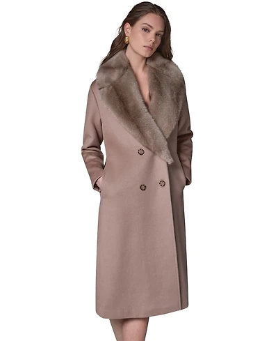 Donna Karan New York Women's Wool-Blend Faux-Fur-Collar Coat