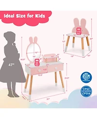 Gouun Kids Vanity Table and Chair Set with Storage Drawer and Rabbit Mirror