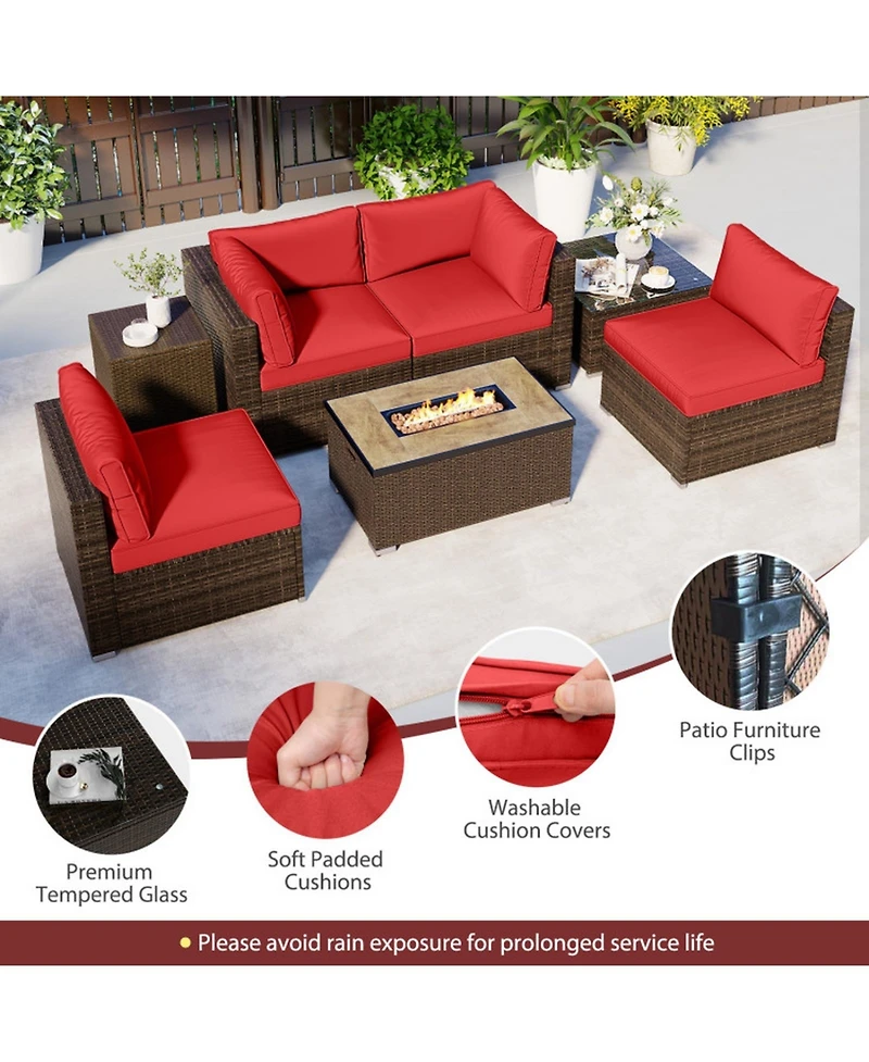 Gouun 7-Piece Wicker Sectional Set with 32 in Fire Pit Table and Tank Cover