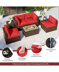 Gouun 7-Piece Wicker Sectional Set with 32 in Fire Pit Table and Tank Cover