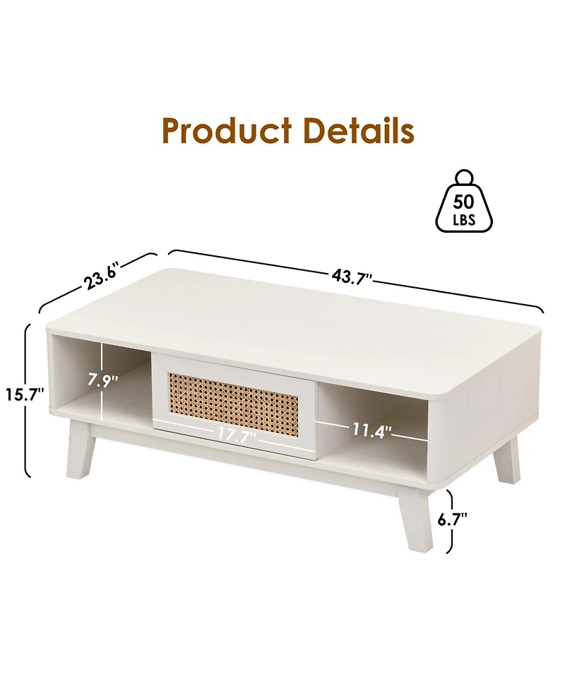 Flynama Mid-Century Square Coffee Table with Rattan Drawer and Solid Wood Legs