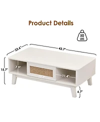 Flynama Mid-Century Square Coffee Table with Rattan Drawer and Solid Wood Legs