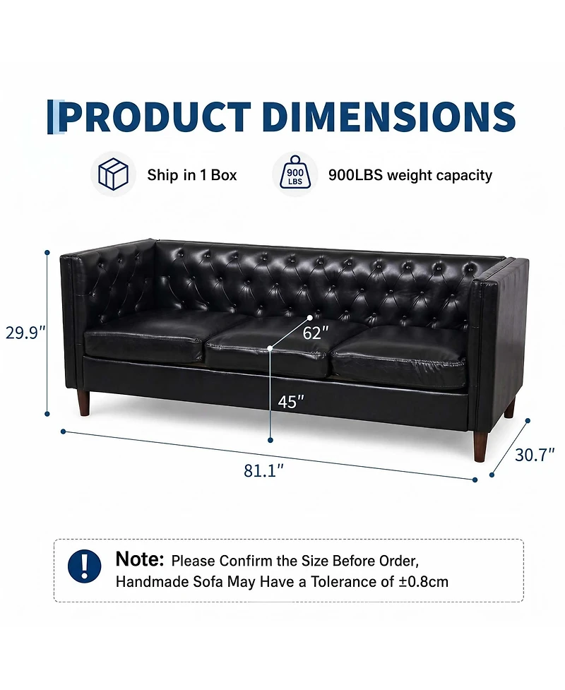 homfan 81'' Modern Leather Couch for Living Room, Mid Century Sofa with Deep Seat, Handmade Button Tufted Sofa, Chesterfield 3 Seat