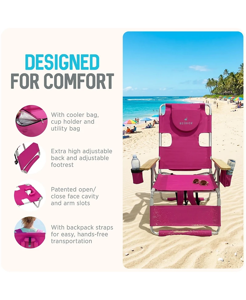 Ostrich The Woody Backpack 3N1 Chair Cooler Bag and Reclining Lounger, Pink