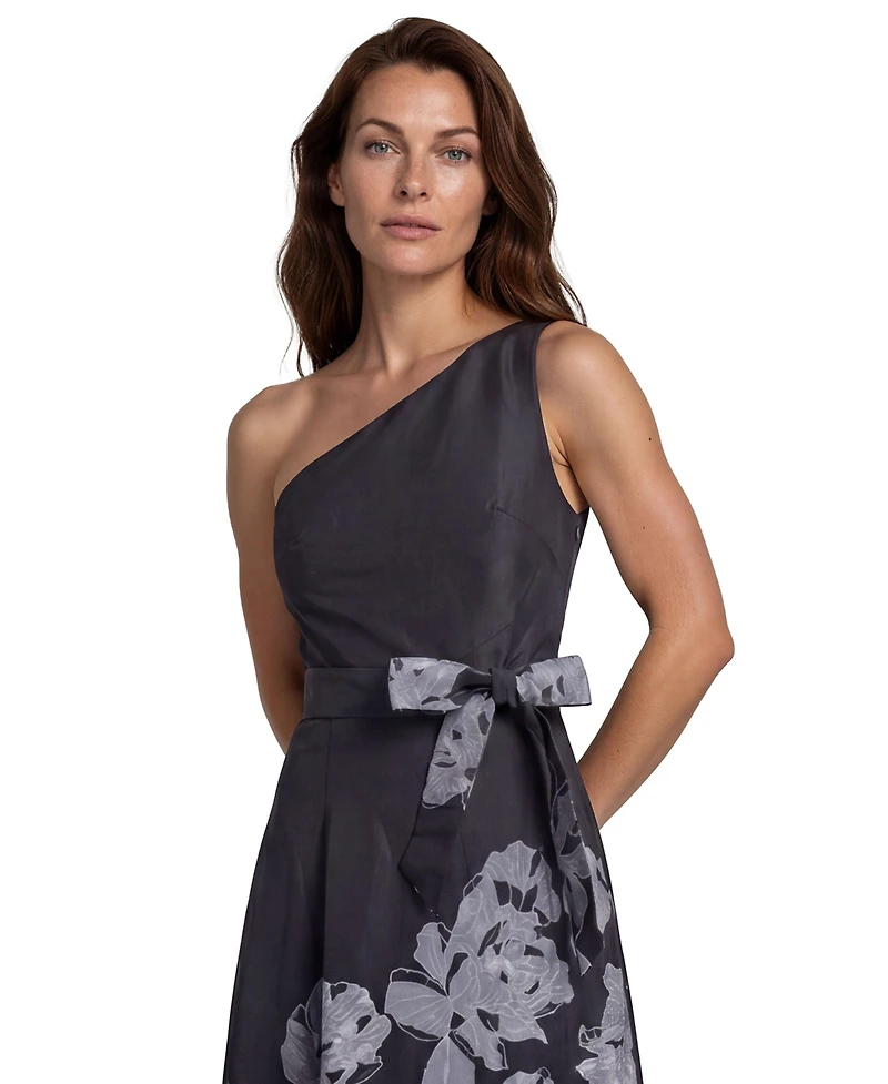 Rene Ruiz Occasion Women's One Shoulder Floral Border Print Mikado A-Line Gown