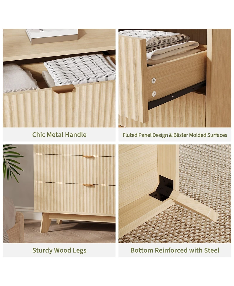 homfan 4 Drawer Dresser, Mid Century Modern Dresser Drawers, Waveform Fluted Side Table, Wood Drawer Organizer for Bedroom Living Room, Hallway