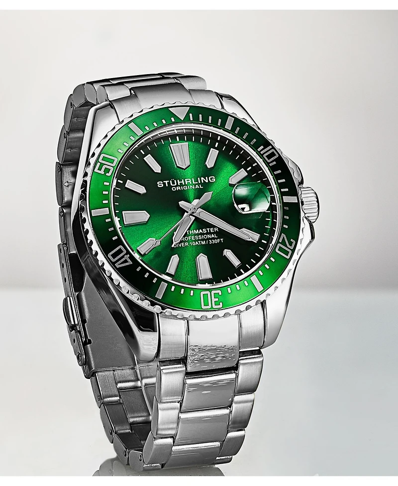 Stuhrling Men's Aquadiver Silver-tone Stainless Steel , Green Dial , 42mm Round Watch