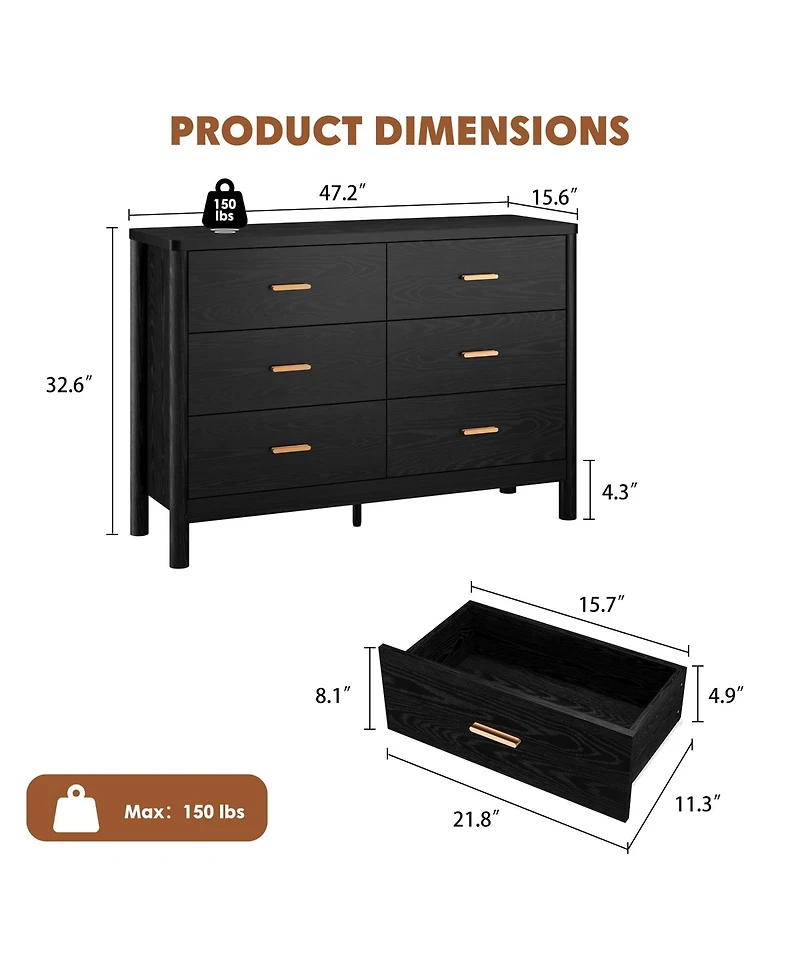 homfan 6 Drawer Dresser, 47.24" Wide Farmhouse Chest with Cylindrical Legs, Metal Handles and Anti-Tip, Freestanding Storage Organizer for Living Room