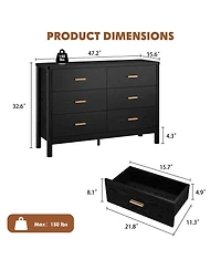 homfan 6 Drawer Dresser, 47.24" Wide Farmhouse Chest with Cylindrical Legs, Metal Handles and Anti-Tip, Freestanding Storage Organizer for Living Room