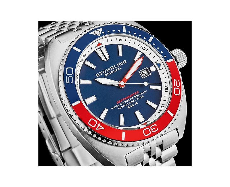 Stuhrling 1008 Men s Automatic Watch Tonneau Stainless Steel Case Blue Dial Pepsi Red Blue Bezel Jubilee Bracelet 200M Water Resistant Date Window