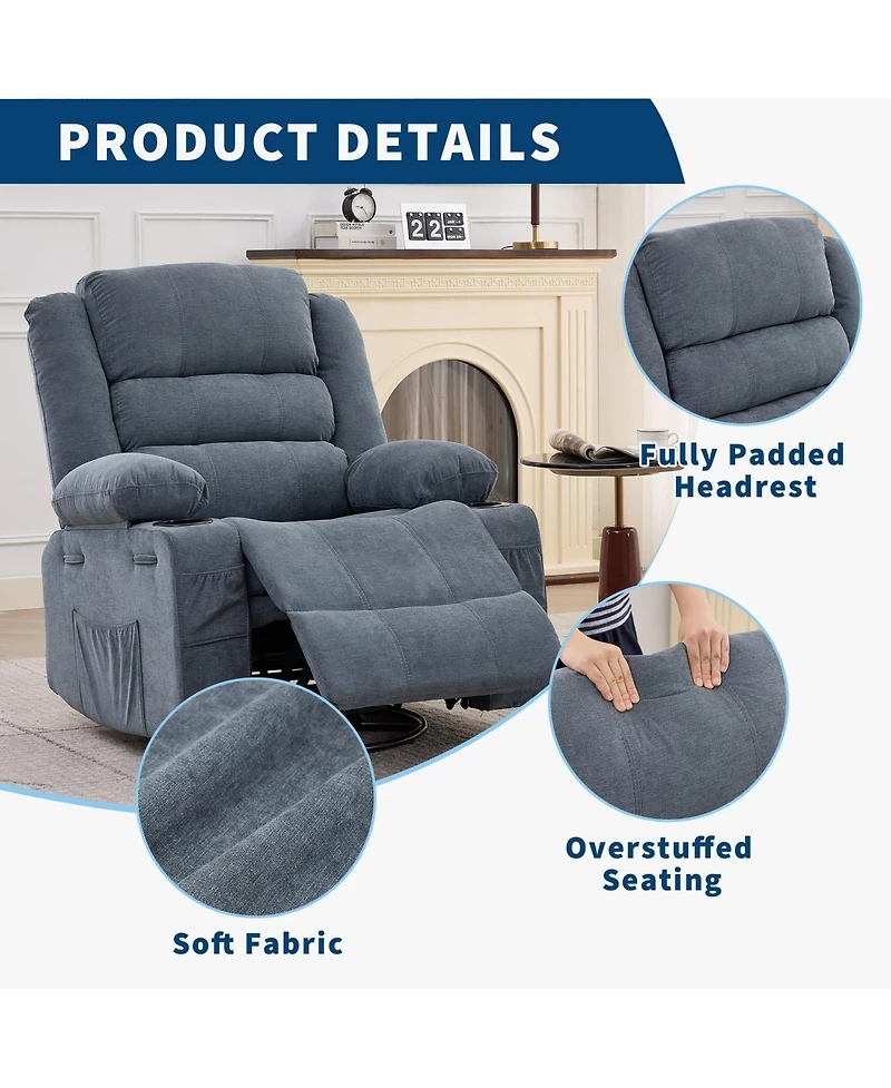 homfan Rocking Recliner for Adults Oversized 360degree(s) Swivel Manual Chair | Breathable Linen with Cup Holder Side Pockets