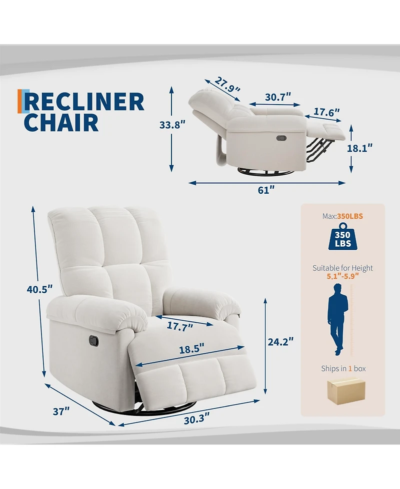 homfan Recliner Chair, 360 degrees Swivel Rocker Glider with Padded Armrest and Deep Seat, Chenille Upholstered Chair for Living Room, Bedroom