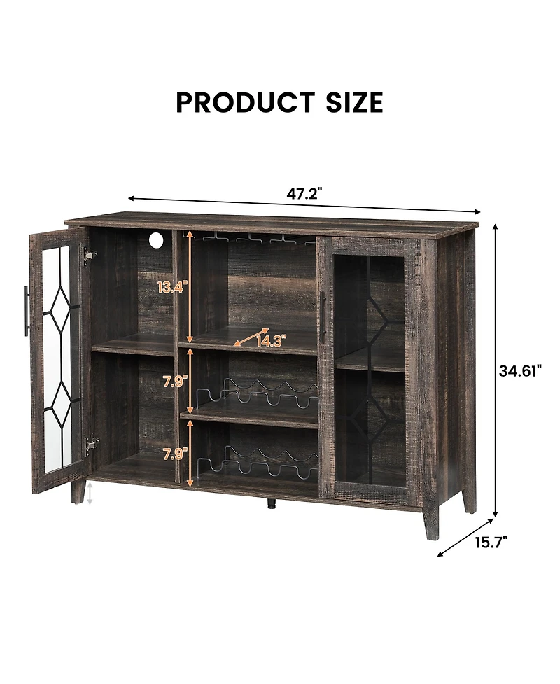 homfan Farmhouse Wine Bar Cabinet with Led Light, Wood Storage Cabinet with Glass Doors, Adjustable Shelves, Wine and Coffee Station for Home Bar