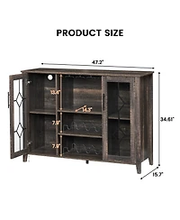 homfan Farmhouse Wine Bar Cabinet with Led Light, Wood Storage Cabinet with Glass Doors, Adjustable Shelves, Wine and Coffee Station for Home Bar