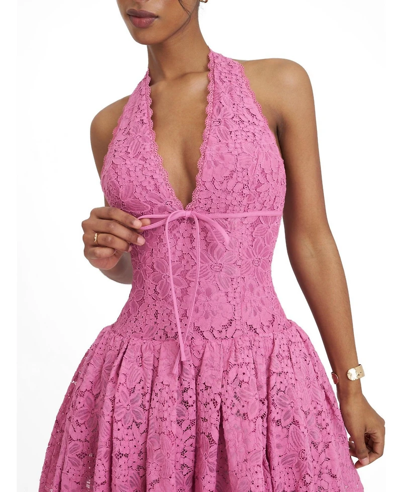 Miss Circle Women's Karla Magenta Lace Drop Waist Halter Mini Dress