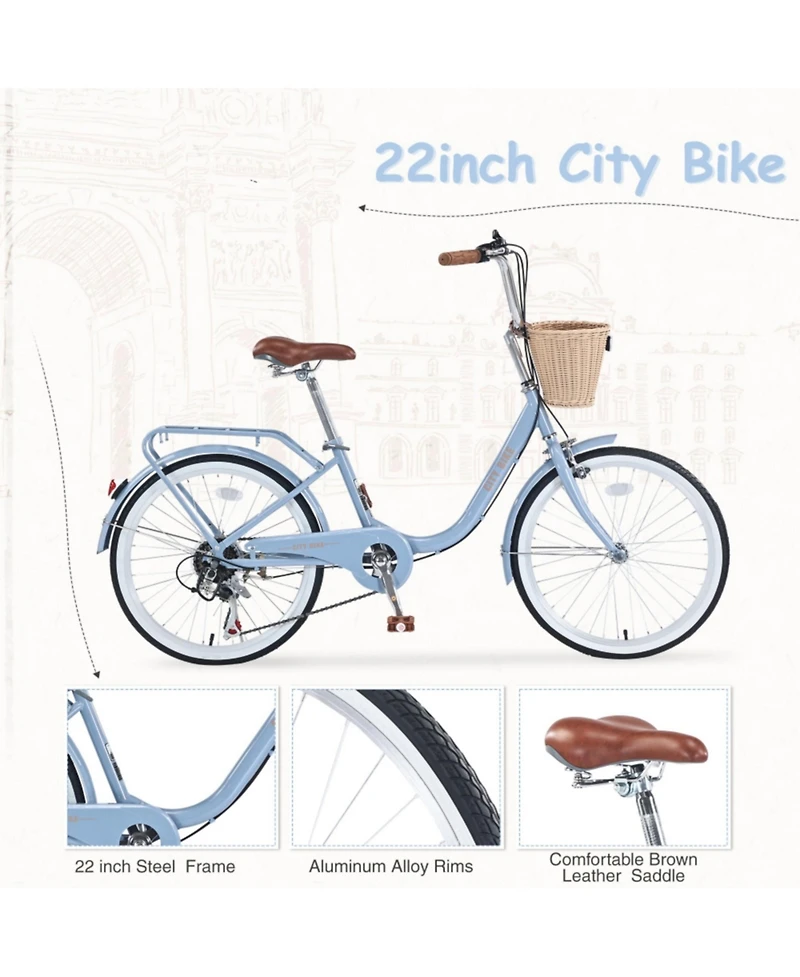 ECHTPeak 7 Speed City Bike With Basket , Steel Frame