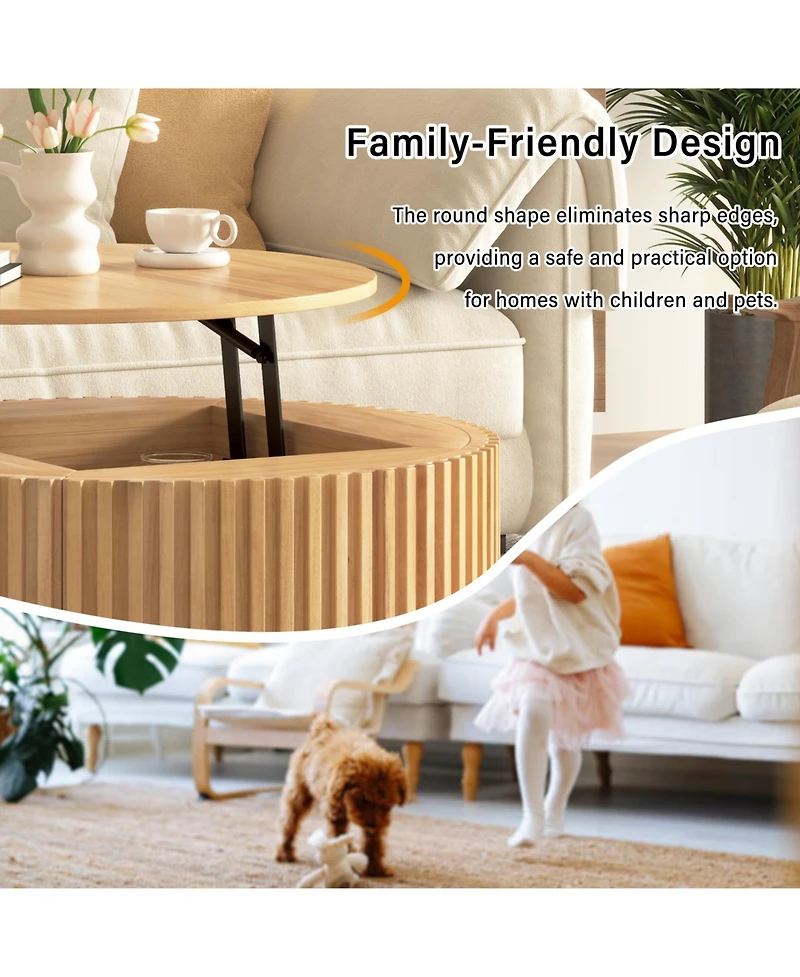 Flynama Round Lift Top Coffee Table Storage Fluted Wood Mdf Solid Wood Living Room Table