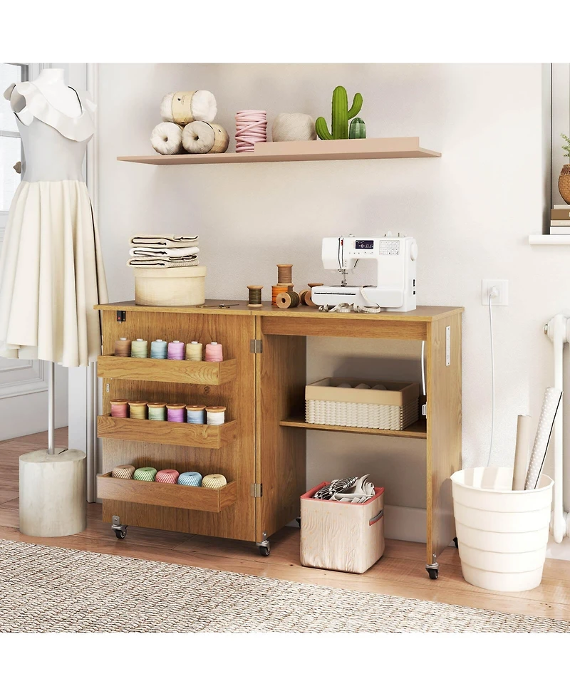 Costway Folding Sewing Table Rolling Craft Station with 3 Storage Bins