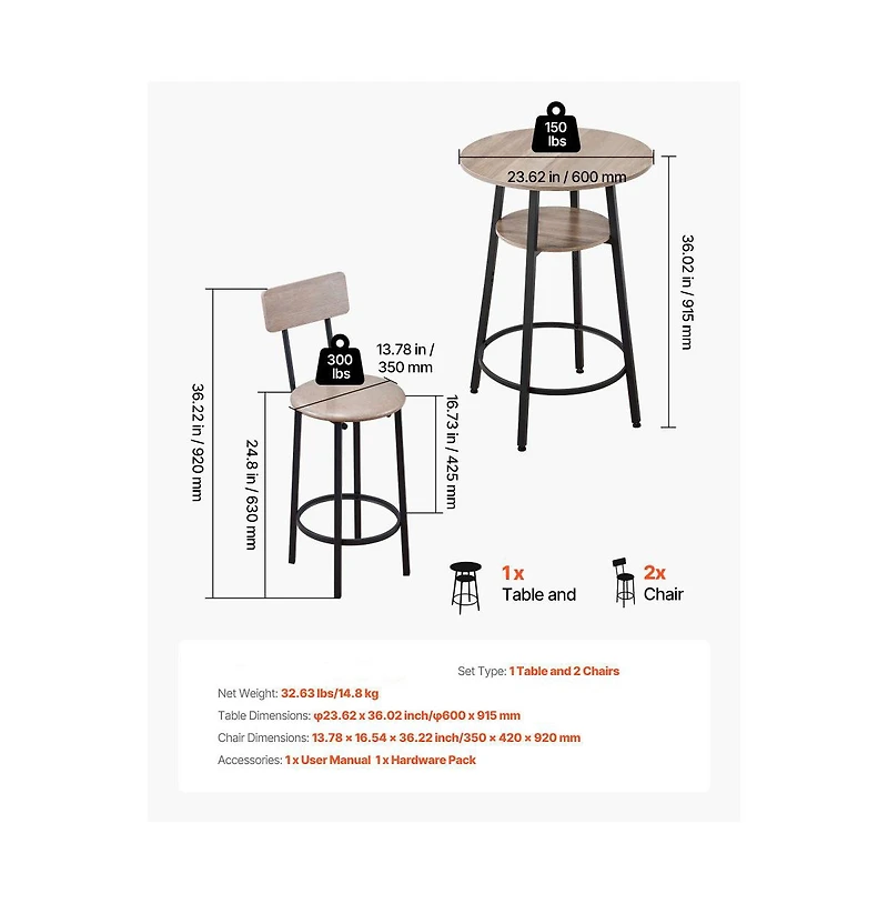 Slickblue 3-Piece Light Bar Table Set with 2 Stools Round Pub Table