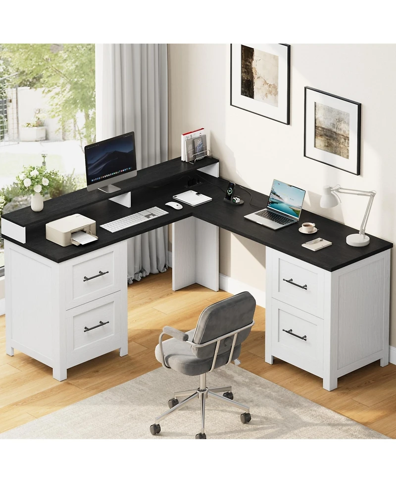 gaomon 63 Inch L-Shaped Desk with 4 File Drawers and Power Outlets, Large Corner Computer Desk with Integrated Monitor Stand, Rustic Office Desk