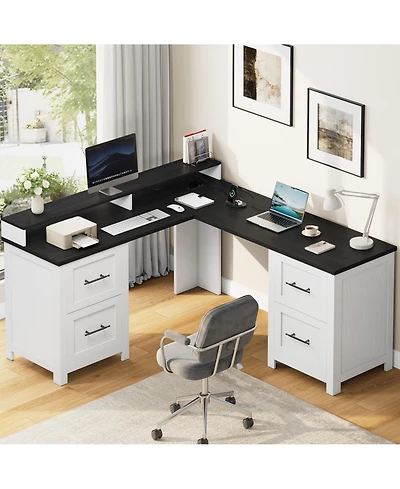 gaomon 63 Inch L-Shaped Desk with 4 File Drawers and Power Outlets, Large Corner Computer Desk with Integrated Monitor Stand, Rustic Office Desk