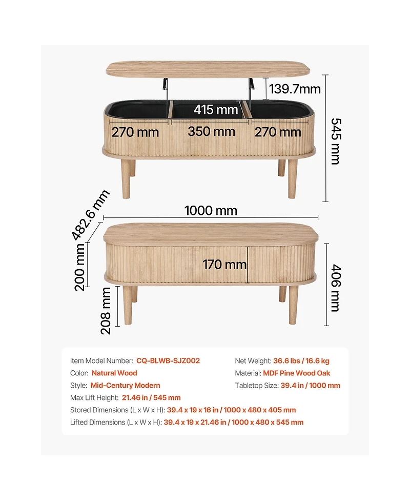 Sugift 39.4 in Lift Top Oval Coffee Table with 3 Hidden Compartments Wooden Storage Table
