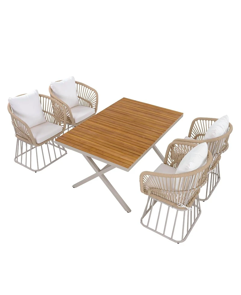 Asagikoiai 5-Piece Outdoor Dining Set, Wood Table and 4 Woven Rope Chairs with Steel Frame