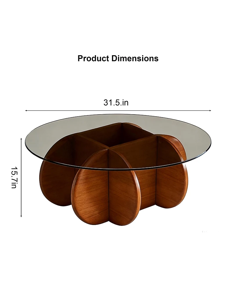 Flynama 31.5 Inch Round Walnut Coffee Table, Mid Century Modern Tempered Glass Top Center Table for Living Room