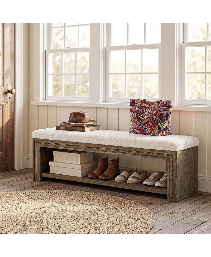 Tribesigns 55 Wood Dining Bench Farmhouse kitchen bench with storage shelf and cushion for 2 Solid wood backless long seating for dining table