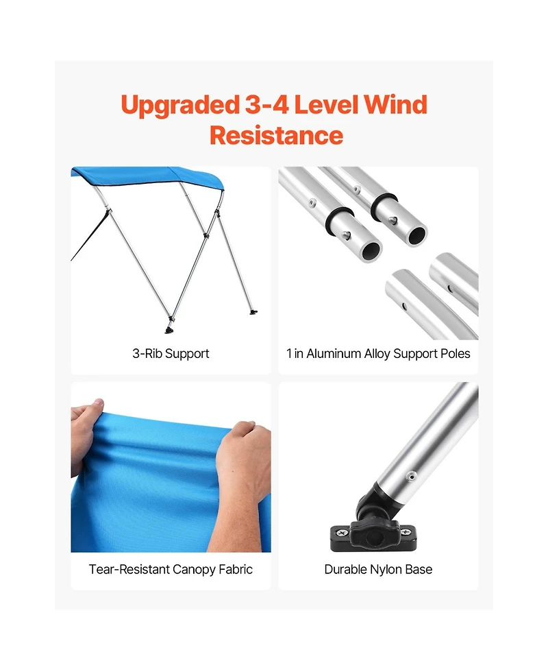 Sugift 3 Bow Boat Bimini Top 600D Polyester Canopy Aluminum Frame 6Lx61in-66inW x46inH
