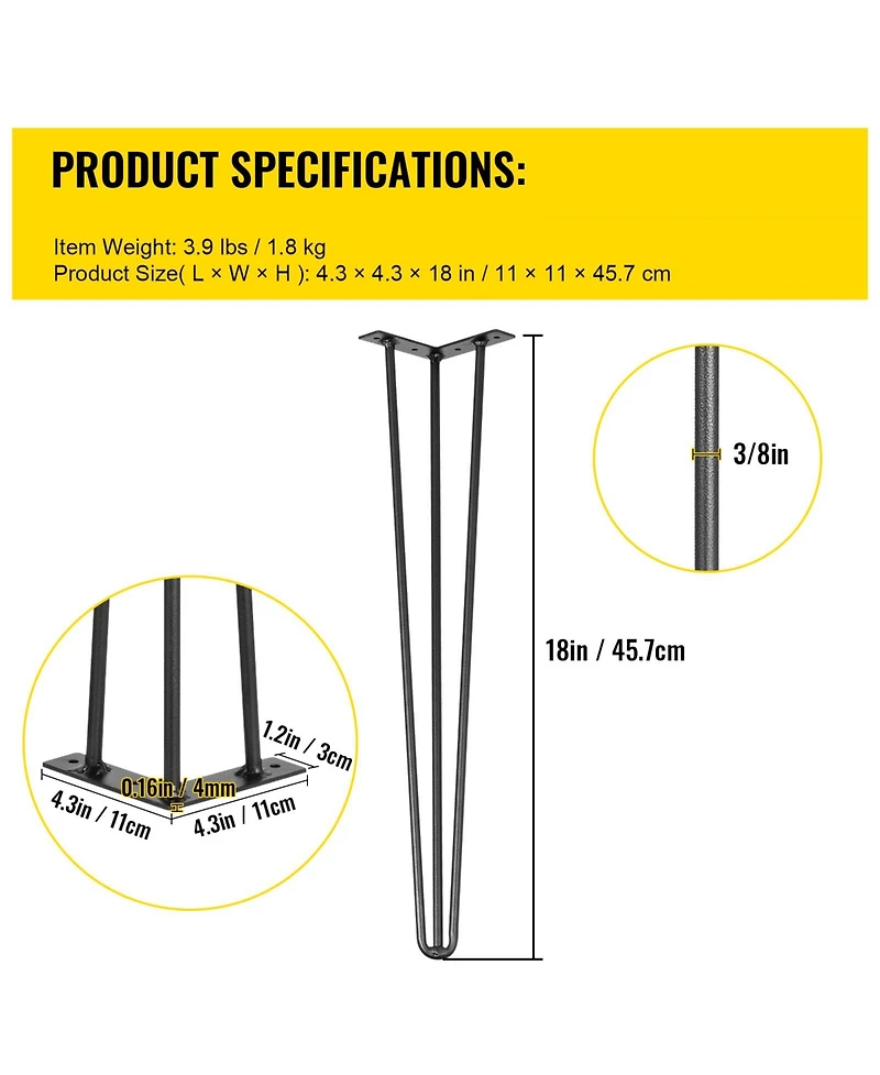 Sugift 18in Set of 4 Hairpin Desk Legs 880lbs Load Capacity Each 220lbs 3 Rod Carbon Steel Furniture Legs