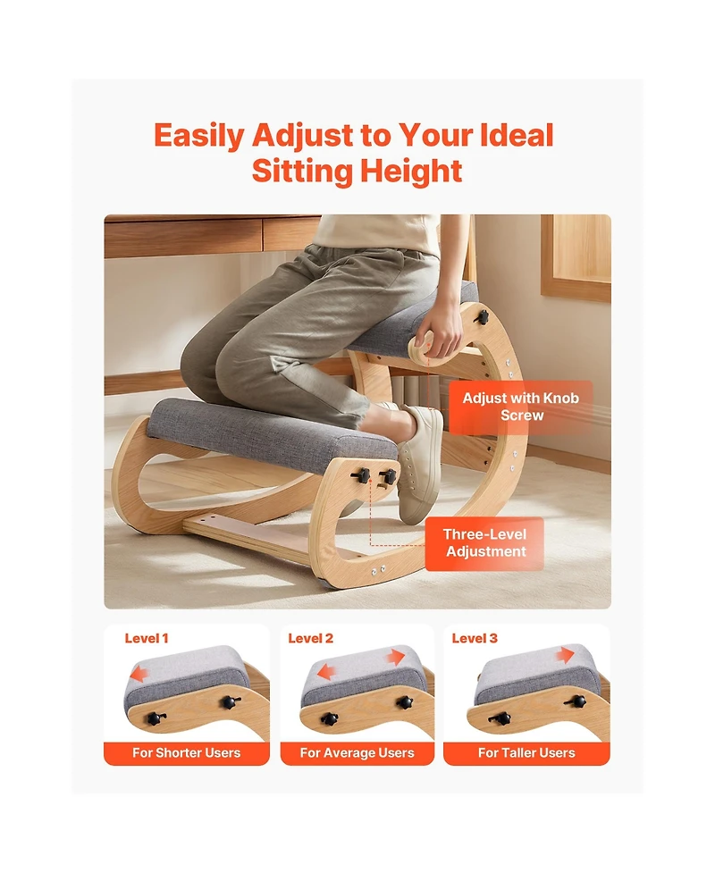 Sugift Ergonomic Kneeling Chair with Adjustable Thick Foam Cushions Solid Wood Frame for Home Office