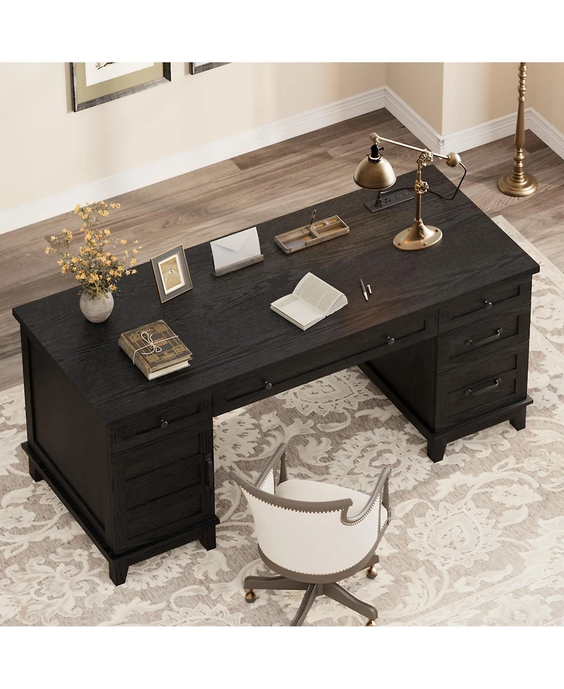gaomon Farmhouse 60-inch Executive Desk with Charging Station and File Drawers, Rustic Office Desk with Cabinet and 5 Drawers for Home Office