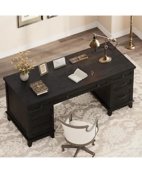 gaomon Farmhouse 60-inch Executive Desk with Charging Station and File Drawers, Rustic Office Desk with Cabinet and 5 Drawers for Home Office