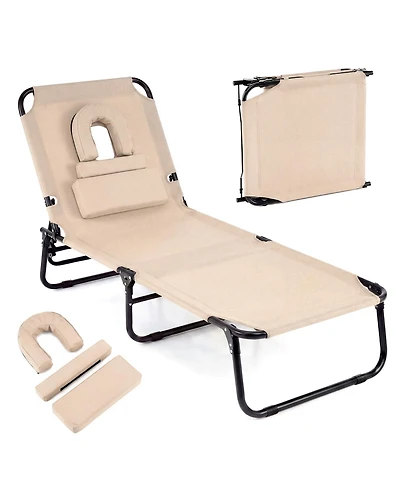Costway Beach Chaise Lounge Chair with 4-Position Adjustable Backrest and Face Hole Pillows