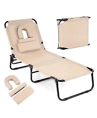 Costway Beach Chaise Lounge Chair with 4-Position Adjustable Backrest and Face Hole Pillows