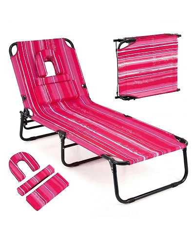 Costway Beach Chaise Lounge Chair with 4-Position Adjustable Backrest and Face Hole Pillows