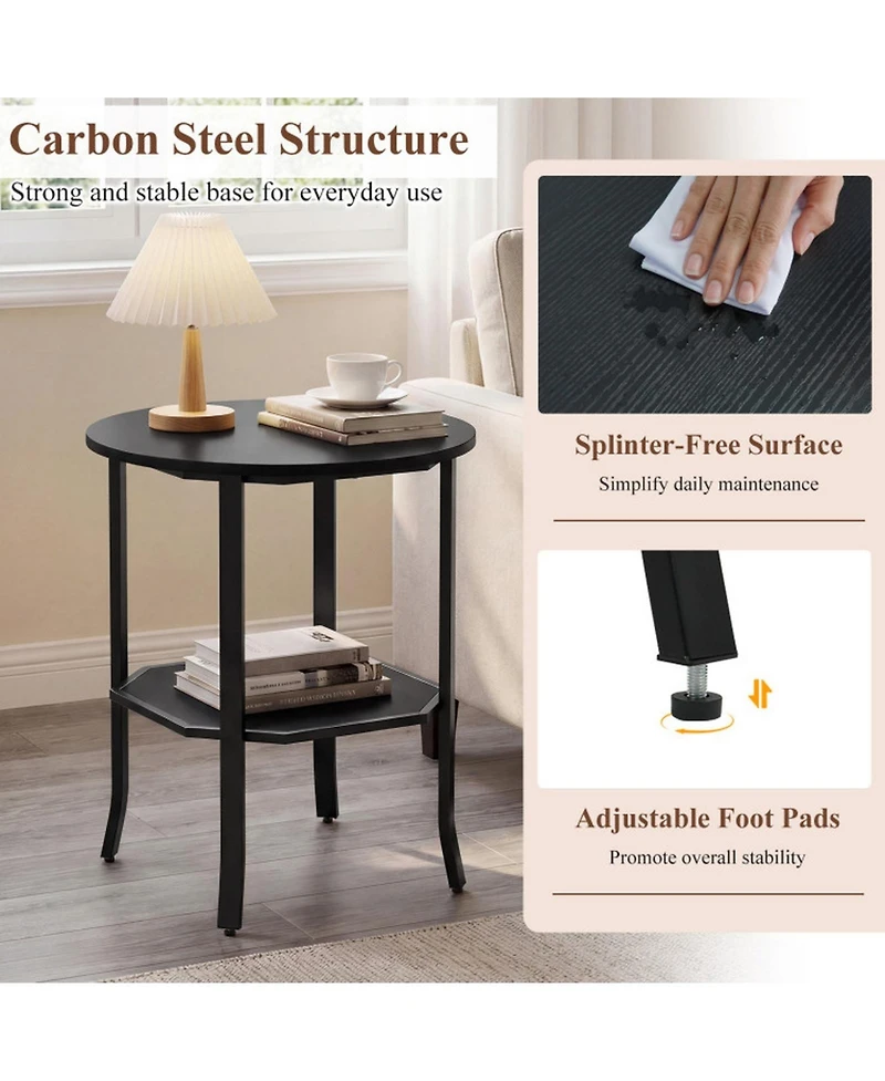 Sugift Round 2-Tier Side End Table with Open Storage Shelf and Steel Frame