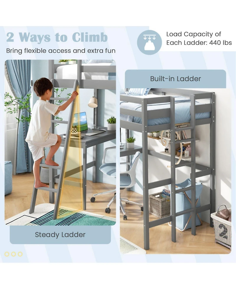Sugift Twin Loft Bed Frame with Built-In Desk and Angled Ladder