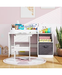 Sugift Kids House-Shaped Study Desk and Chair Set with Storage Shelves and Fabric Bin