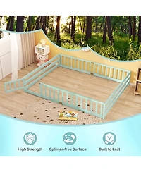 Sugift Queen Size Kids Montessori Floor Bed Frame with Full Length Safety Guardrails