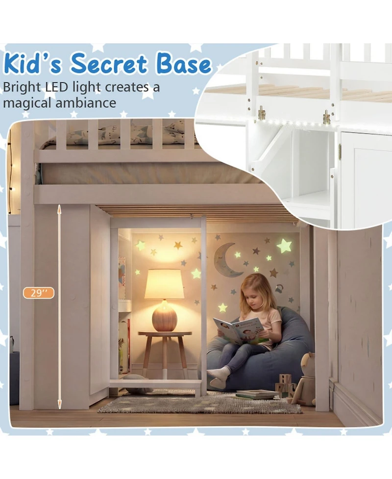 Sugift Twin Size Loft Bed with Led Lights and Wooden Bed Frame for Kids