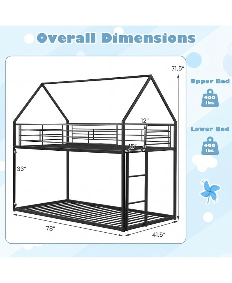 Sugift Twin Over Twin Metal Bunk Bed with Roof and Ladder