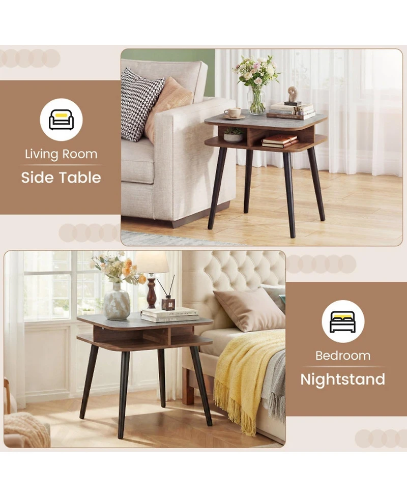 Sugift Square Faux Marble End Table with 4-Sided Open Shelves and Rubber Wood Legs