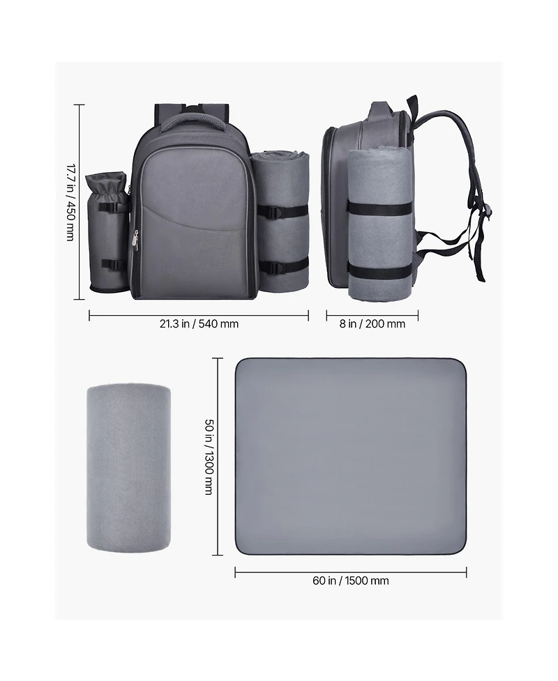 Sugift 2 Person Picnic Backpack with Insulated Cooler Detachable Bottle Holder Blanket Plates and Cutlery