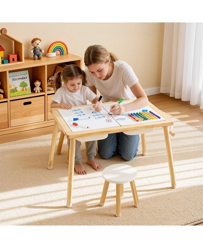 Sugift Wooden Kids Double-Sided Sensory Activity Table with 2 Stools, Non-Slip Feet, Ages 3+