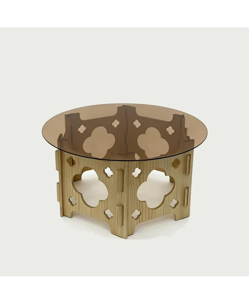 Flynama 31.1" Round Tempered Glass Coffee Table, Floral Hollow Wood Base, Cat Nest Design